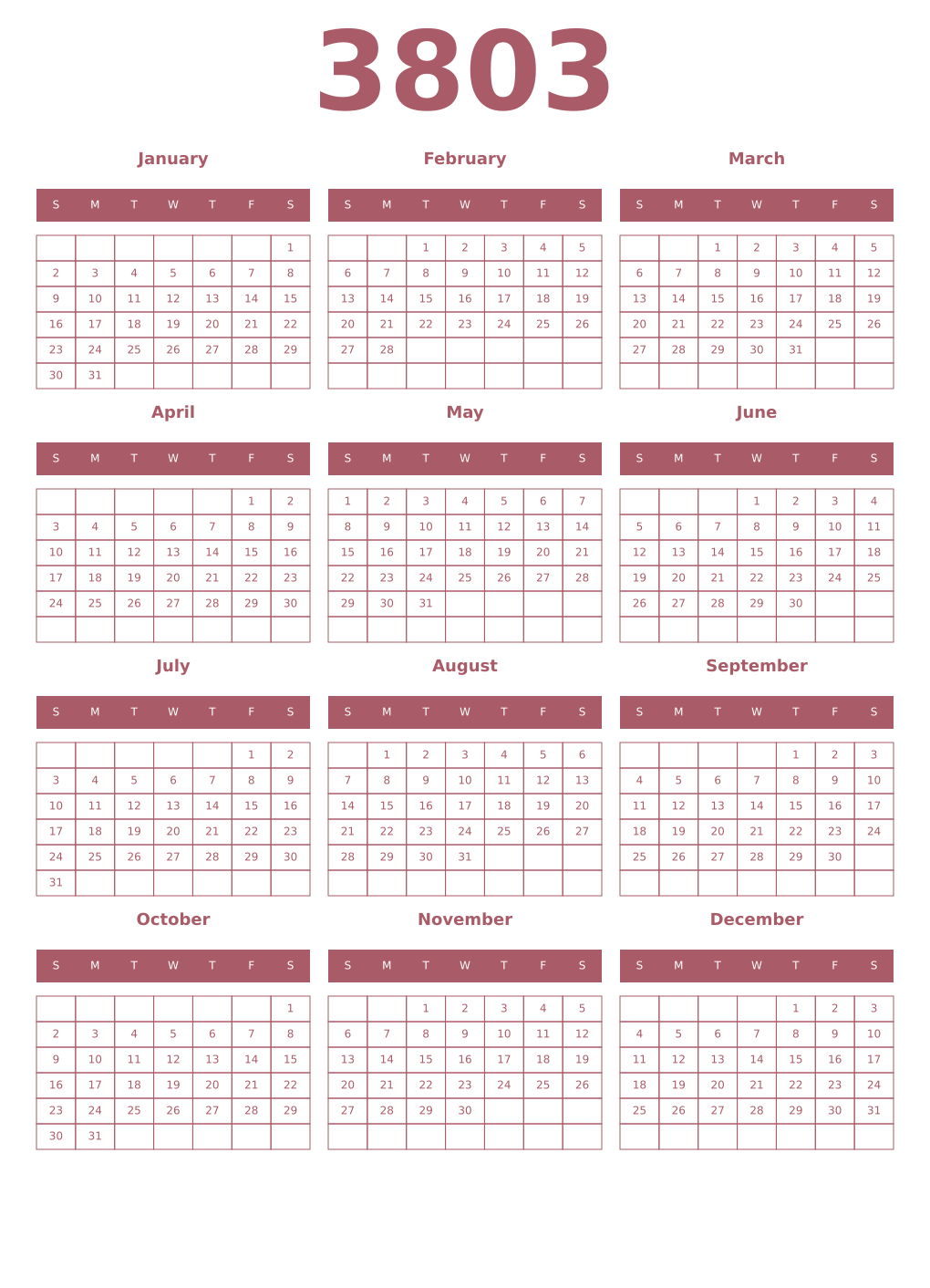 Printable 3803 Year Calendars puce