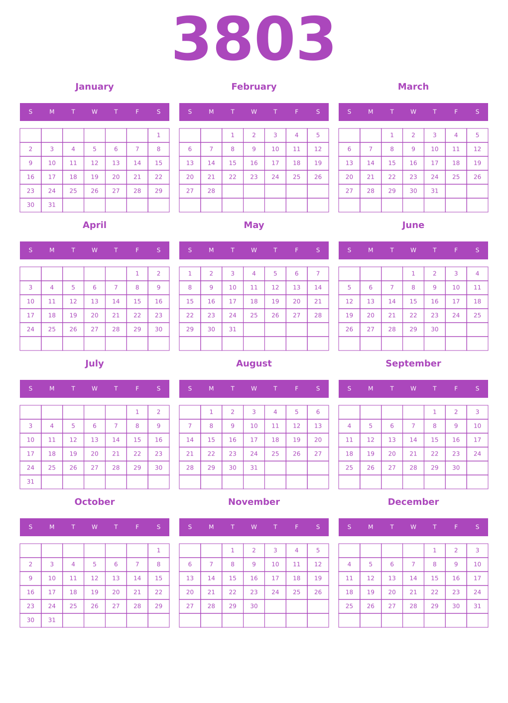 Printable 3803 Year Calendars purple