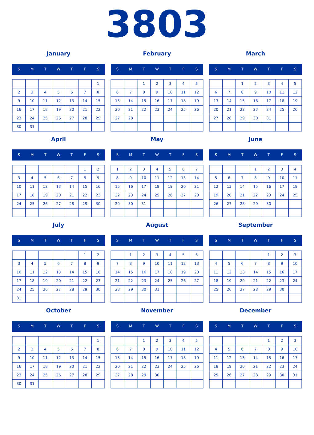 Printable 3803 Year Calendars smalt