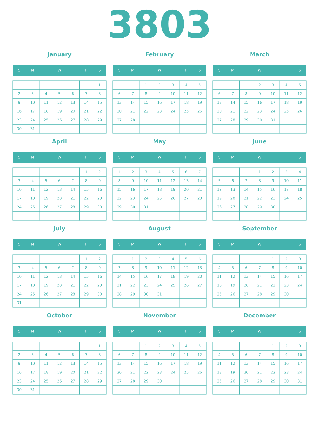 Printable 3803 Year Calendars verdigris
