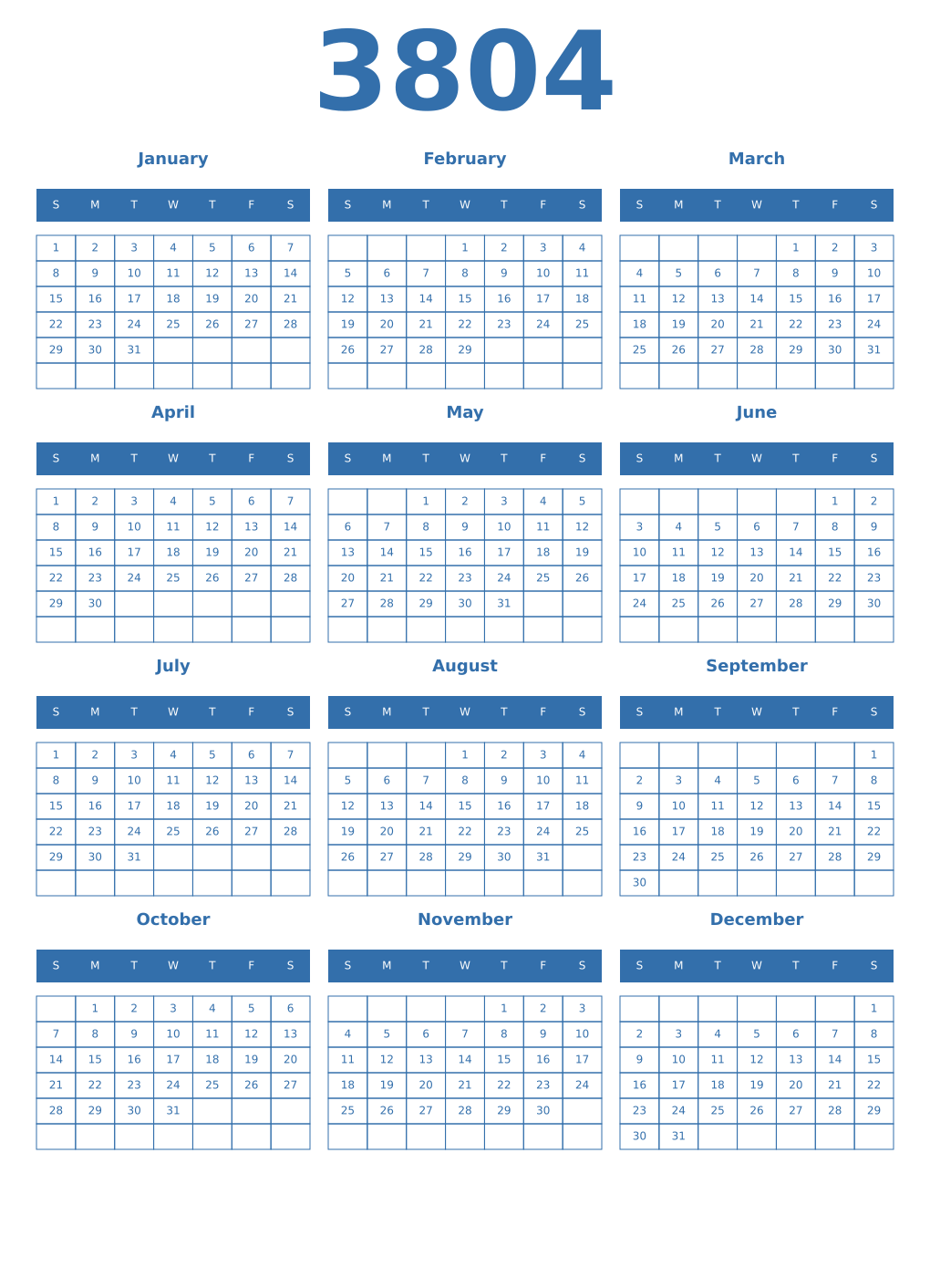 Printable 3804 Year Calendars blue