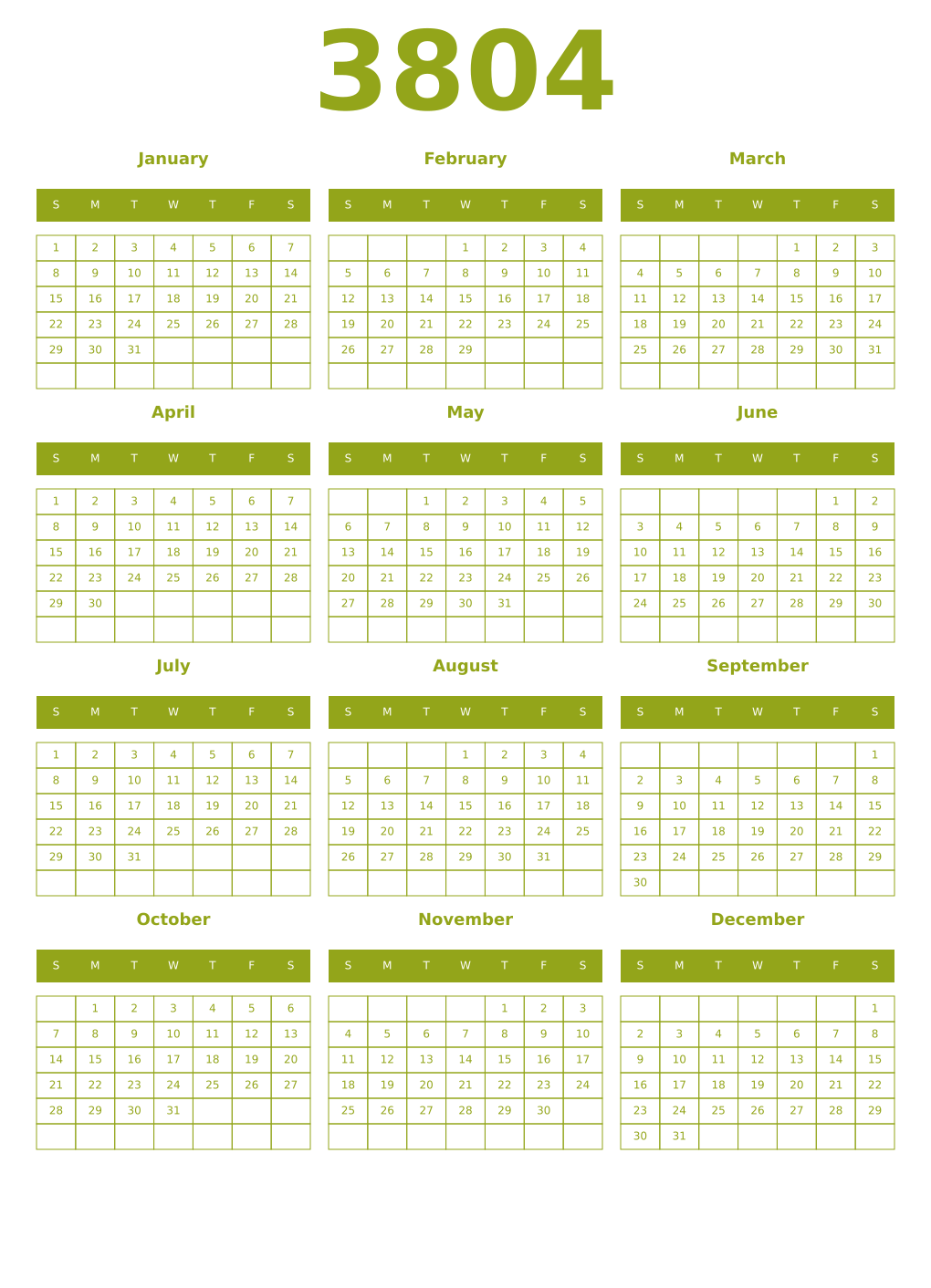 Printable 3804 Year Calendars chartreuse