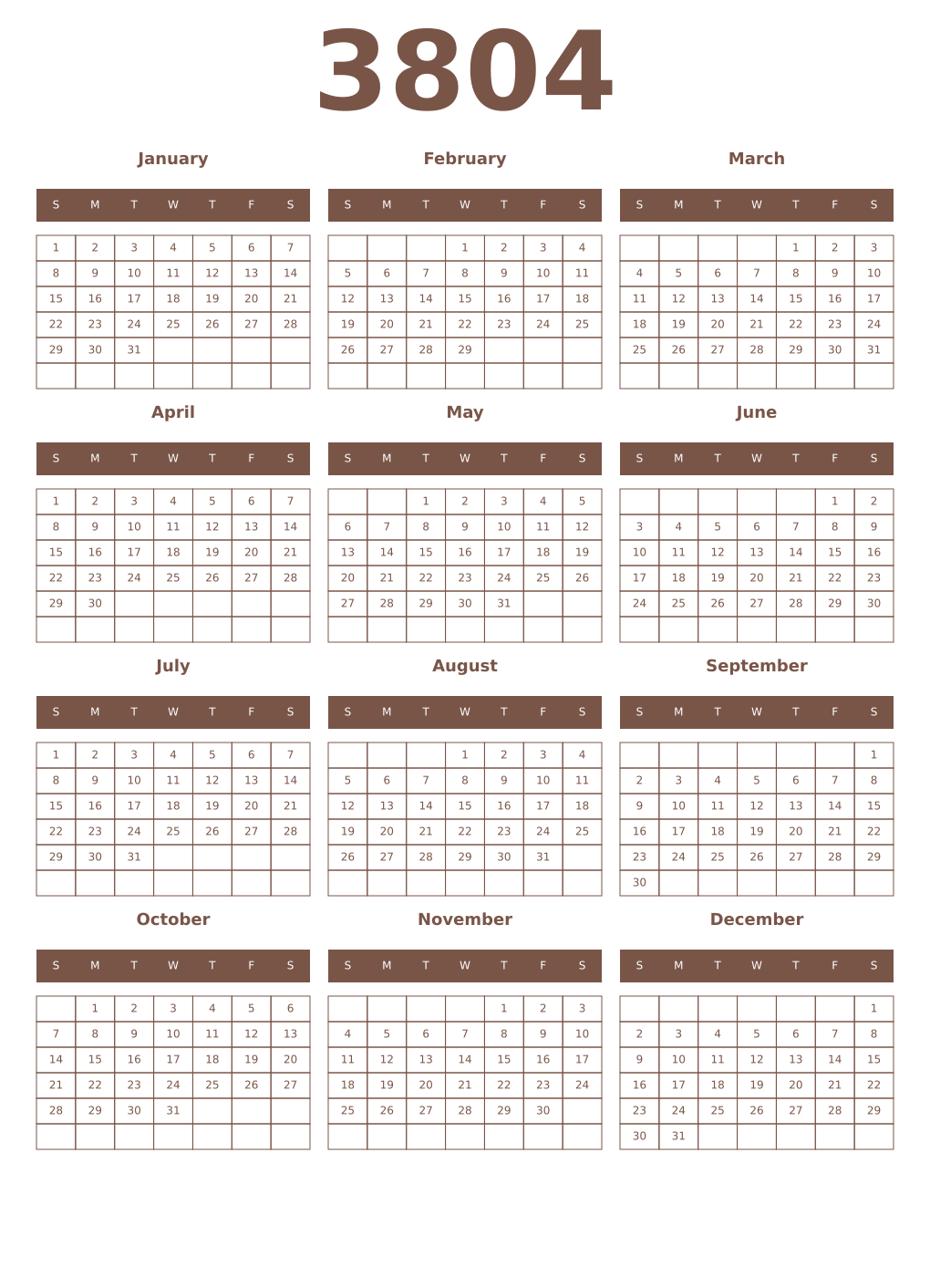 Printable 3804 Year Calendars coffe