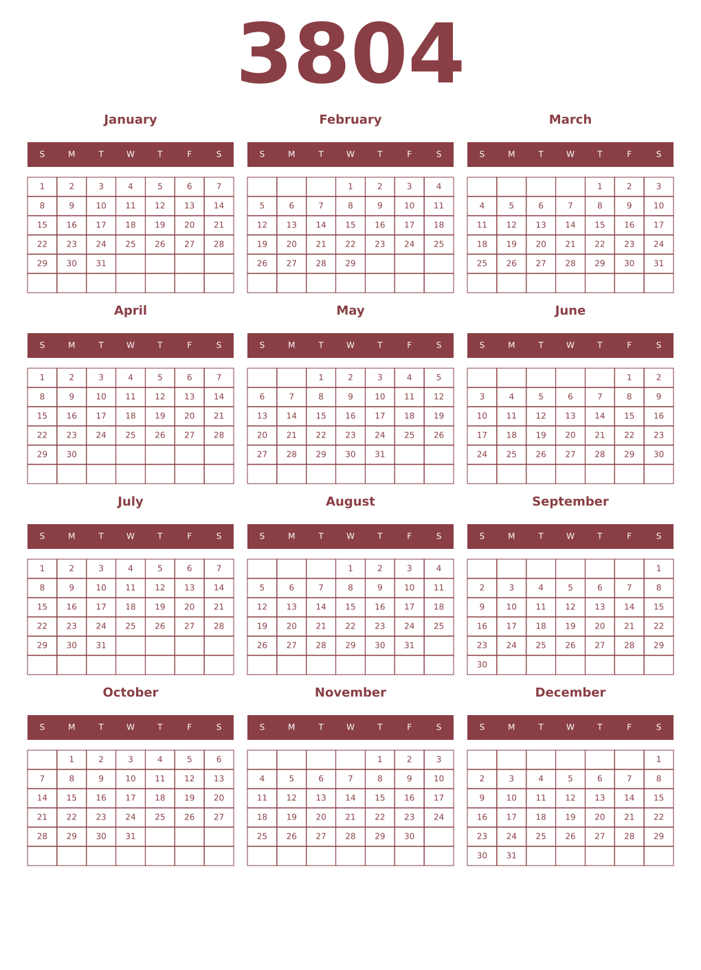 Printable 3804 Year Calendars cordovan