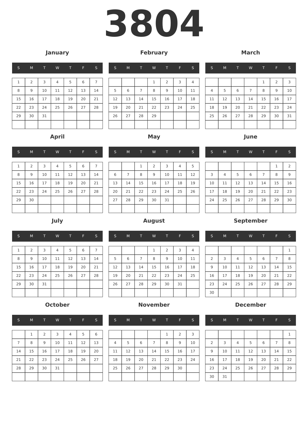 Printable 3804 Year Calendars dark