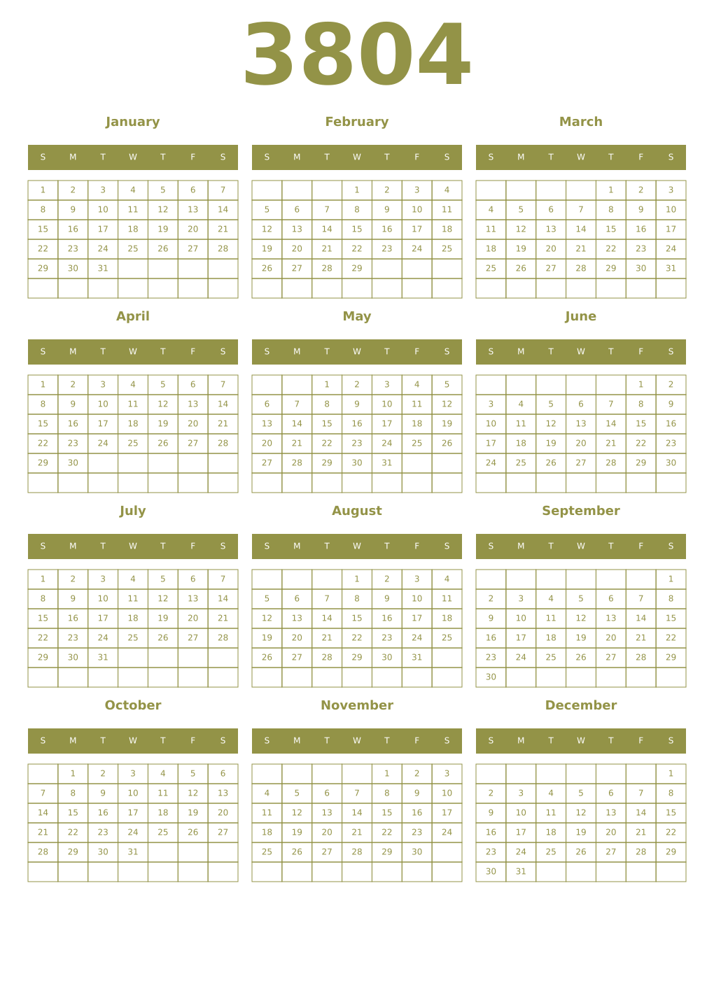Printable 3804 Year Calendars eburnean