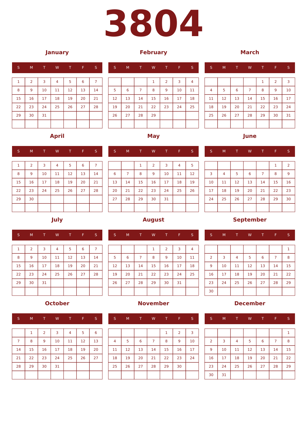 Printable 3804 Year Calendars falu