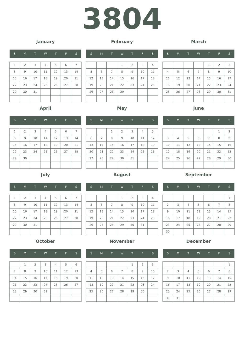 Printable 3804 Year Calendars feldgrau