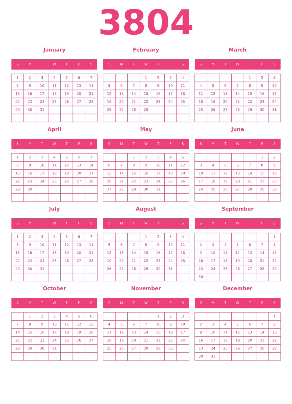 Printable 3804 Year Calendars pink