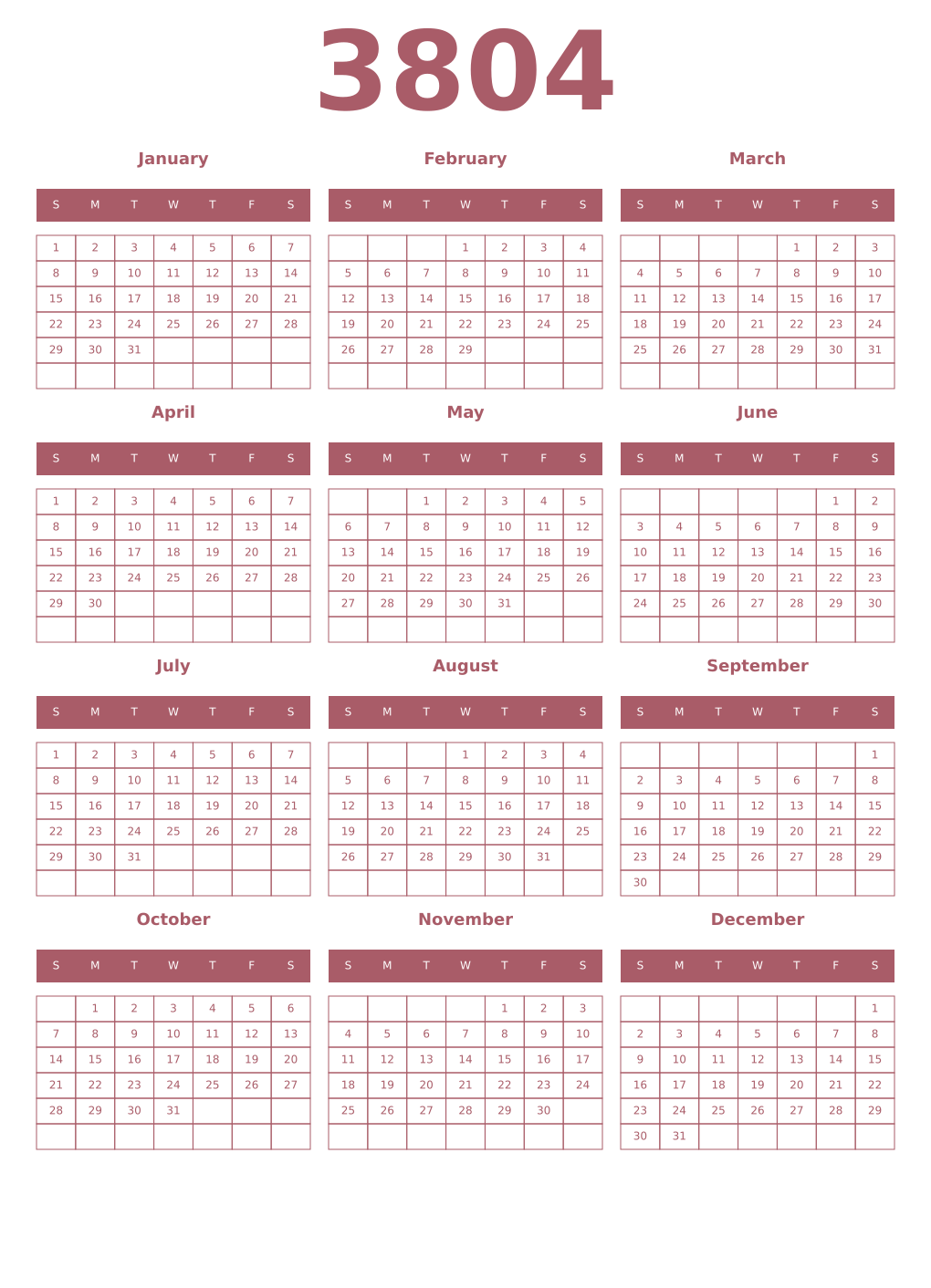 Printable 3804 Year Calendars puce