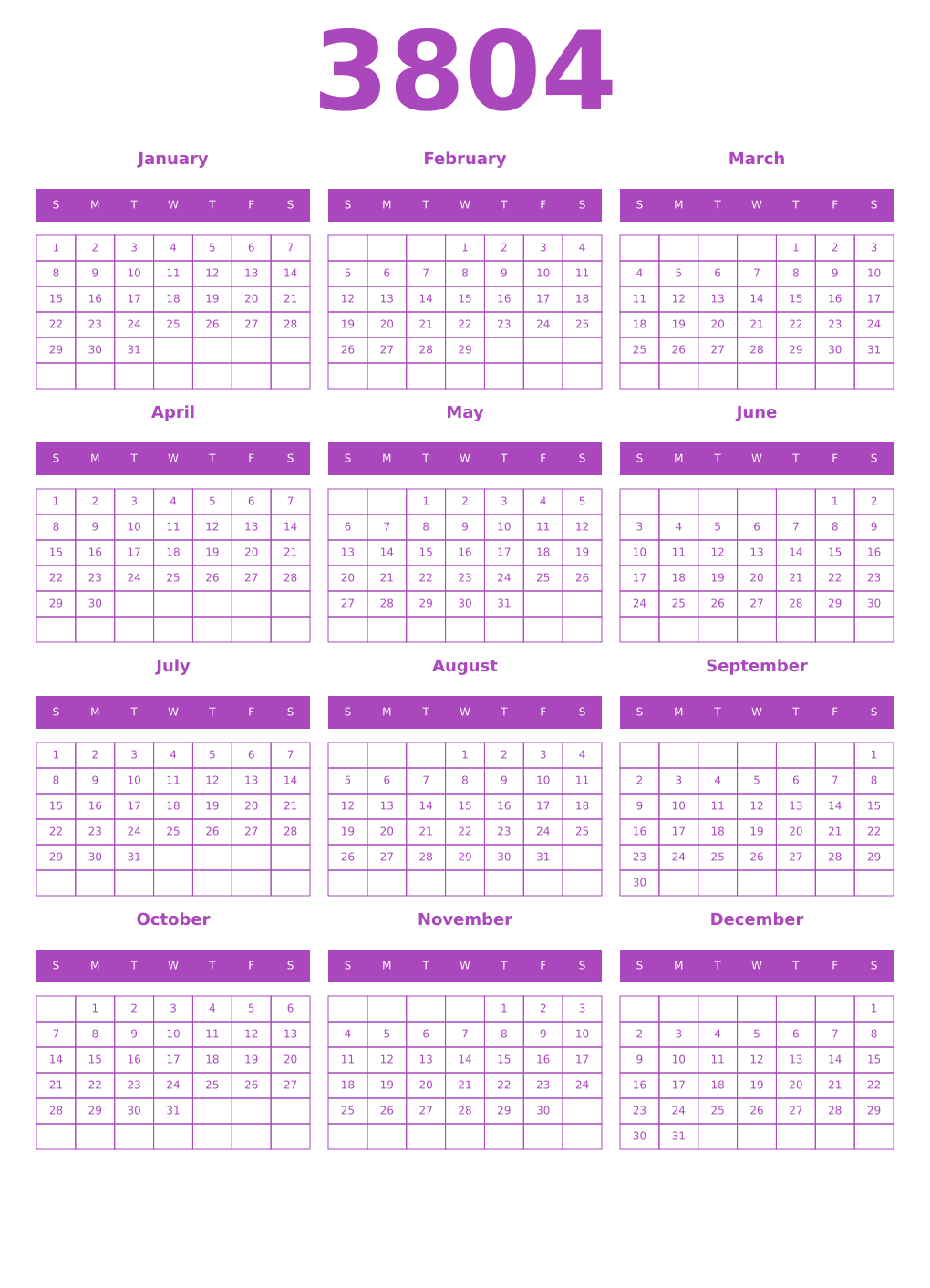 Printable 3804 Year Calendars purple