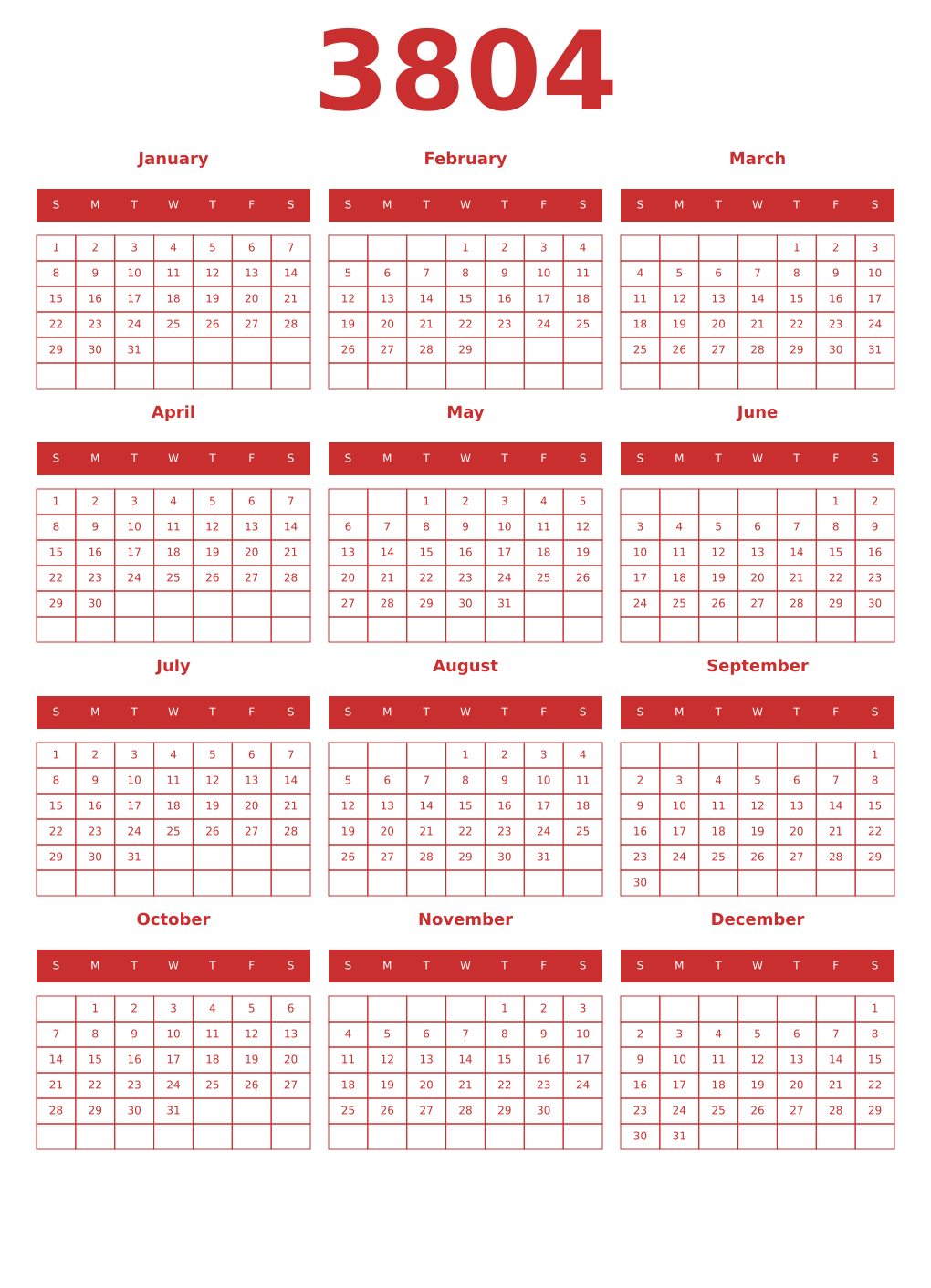 Printable 3804 Year Calendars red