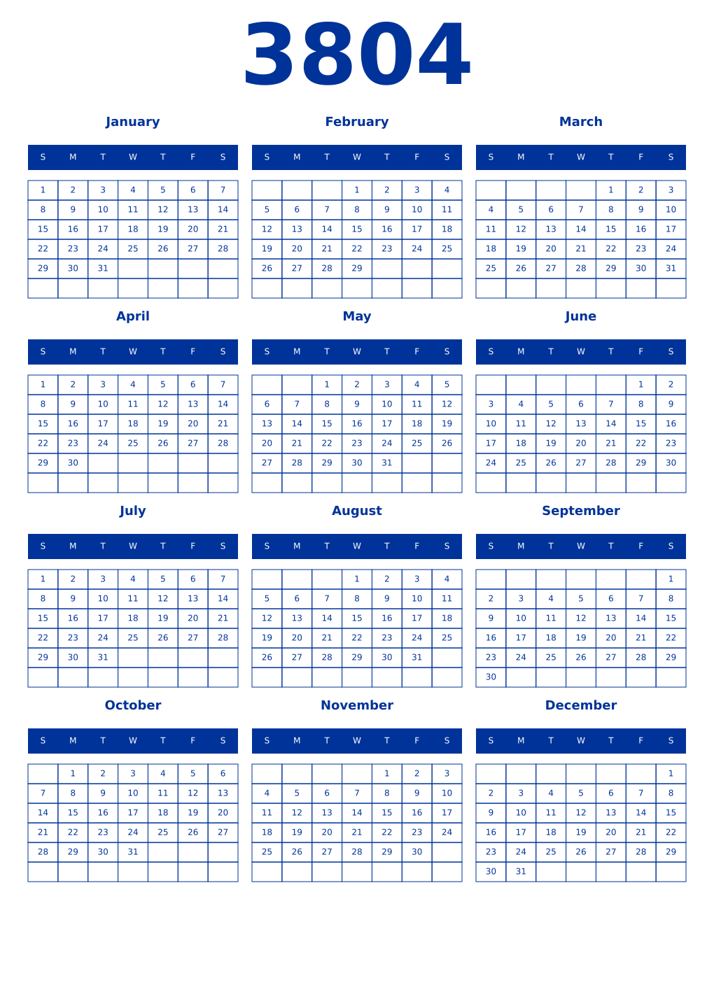 Printable 3804 Year Calendars smalt