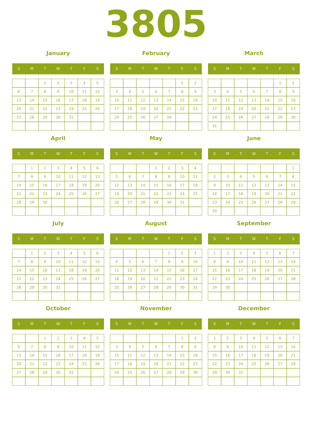 Printable 3805 Year Calendars chartreuse