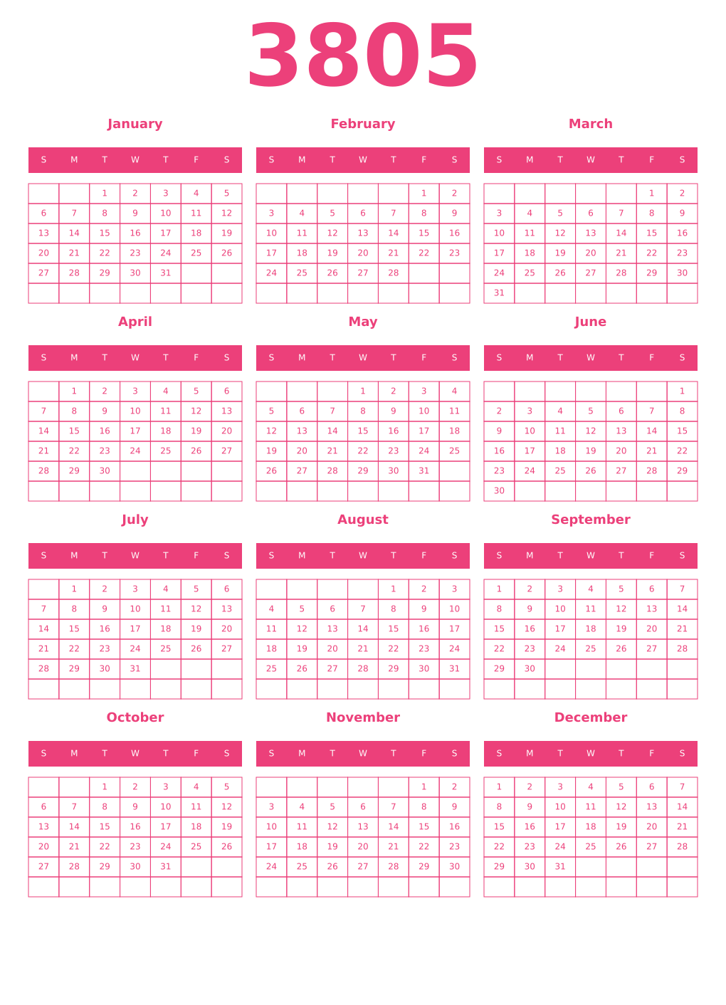 Printable 3805 Year Calendars pink