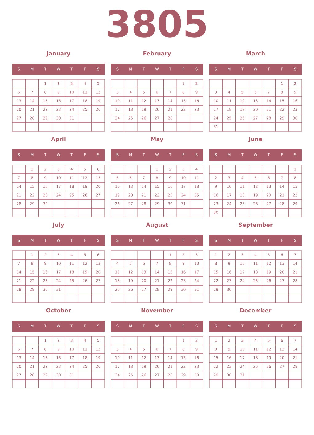 Printable 3805 Year Calendars puce