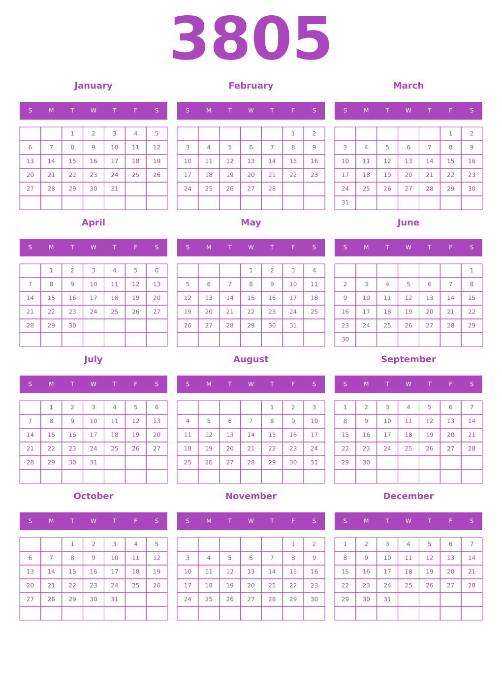 Printable 3805 Year Calendars purple