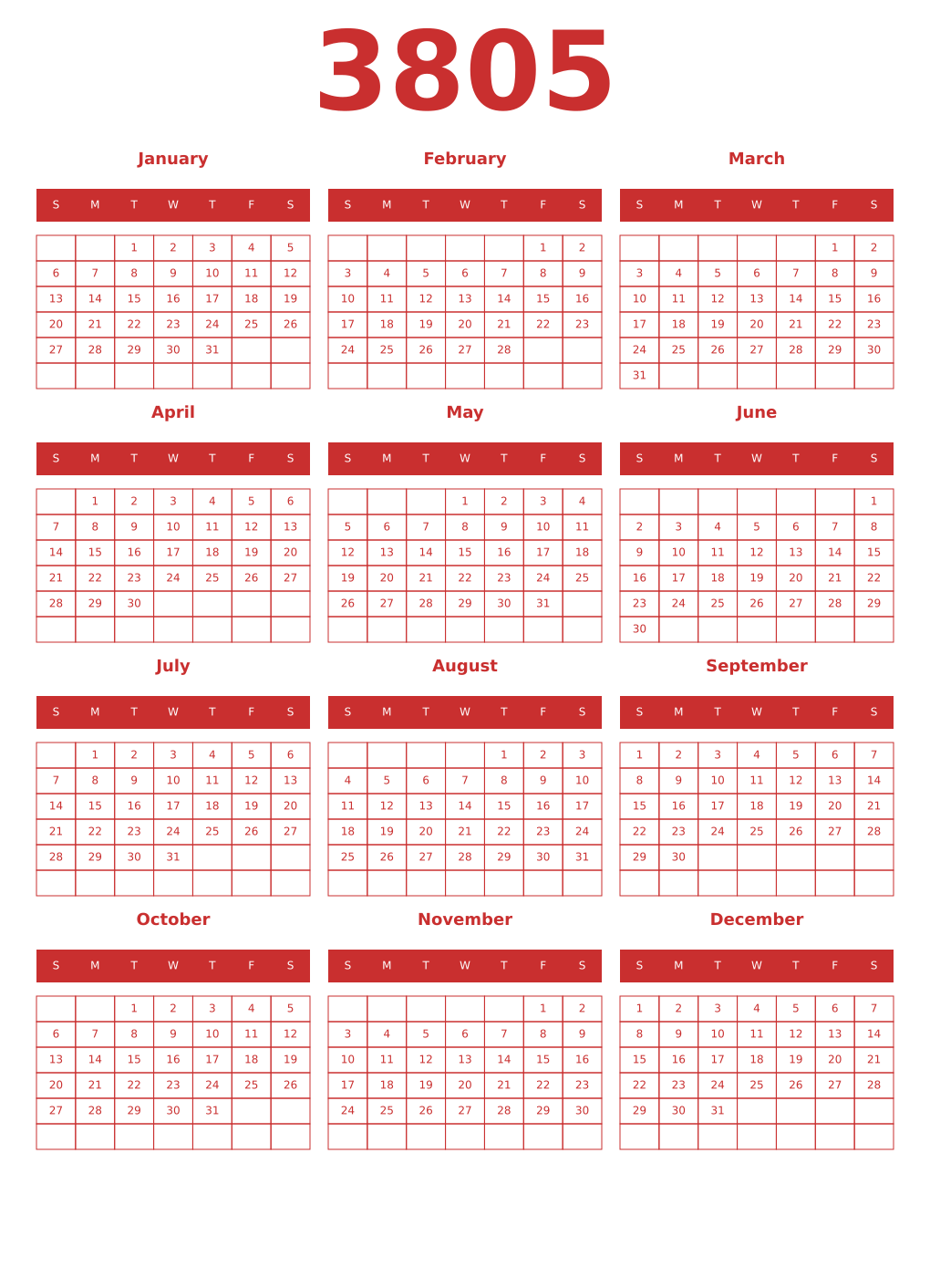 Printable 3805 Year Calendars red
