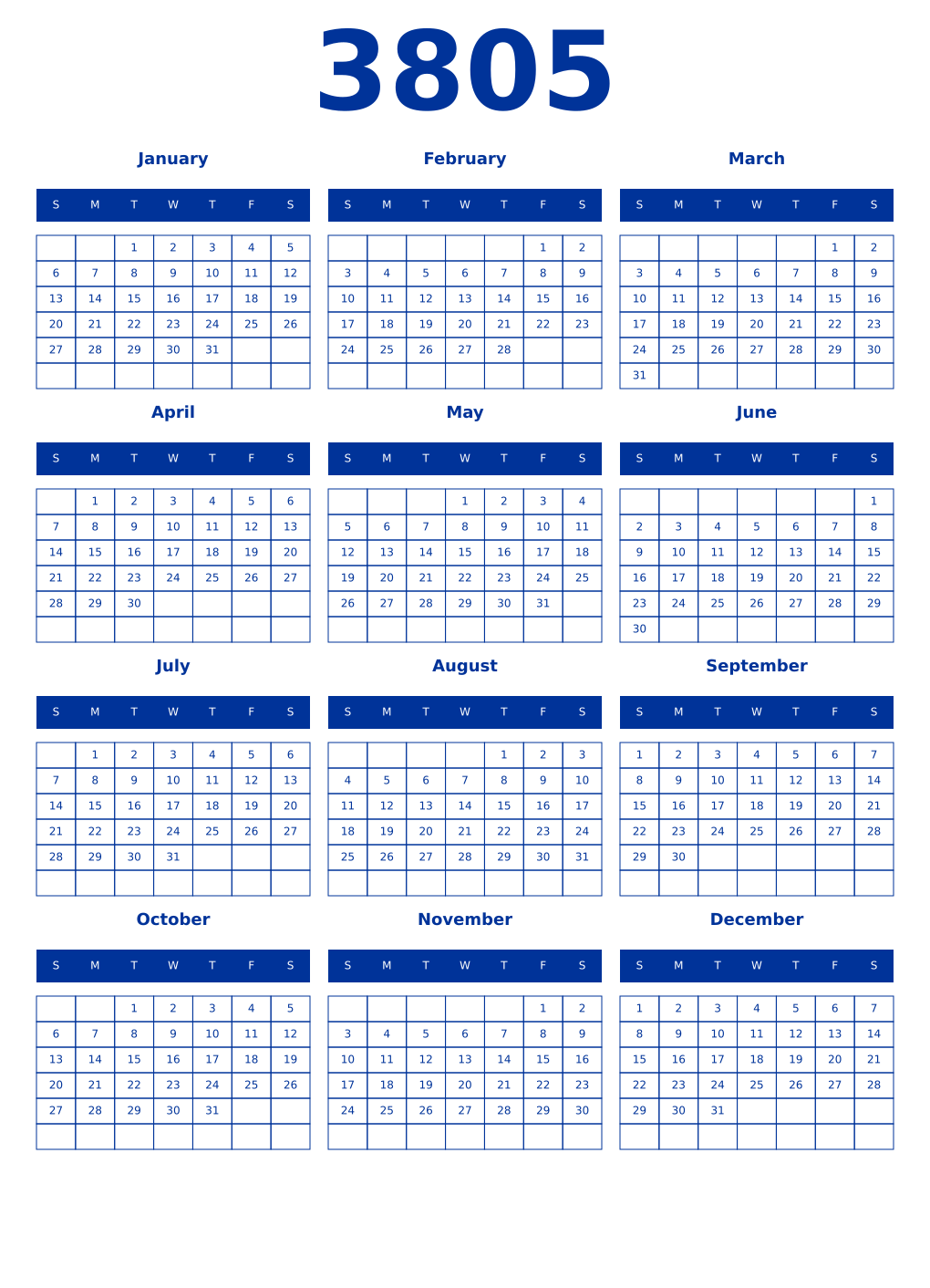 Printable 3805 Year Calendars smalt