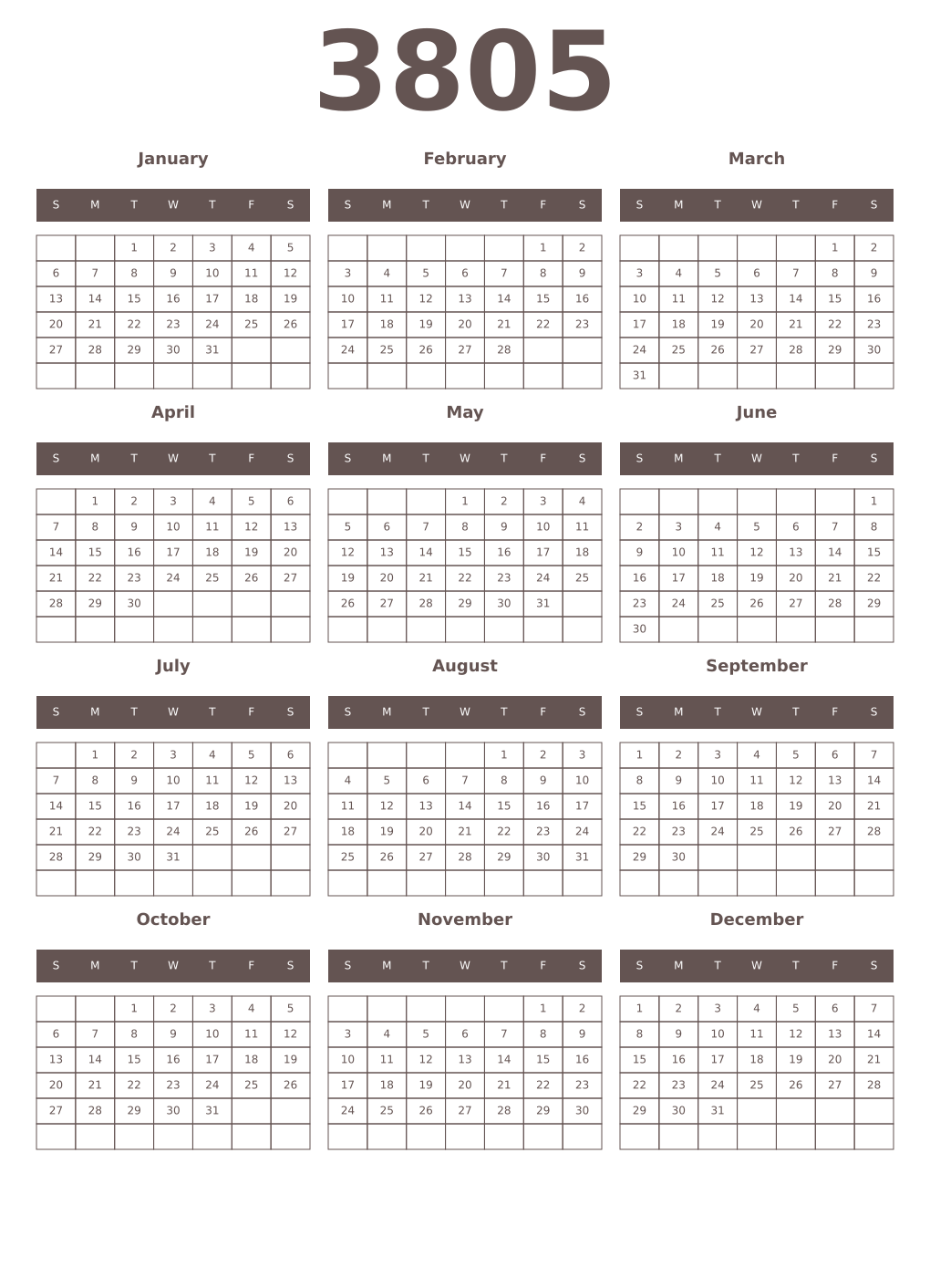 Printable 3805 Year Calendars wenge