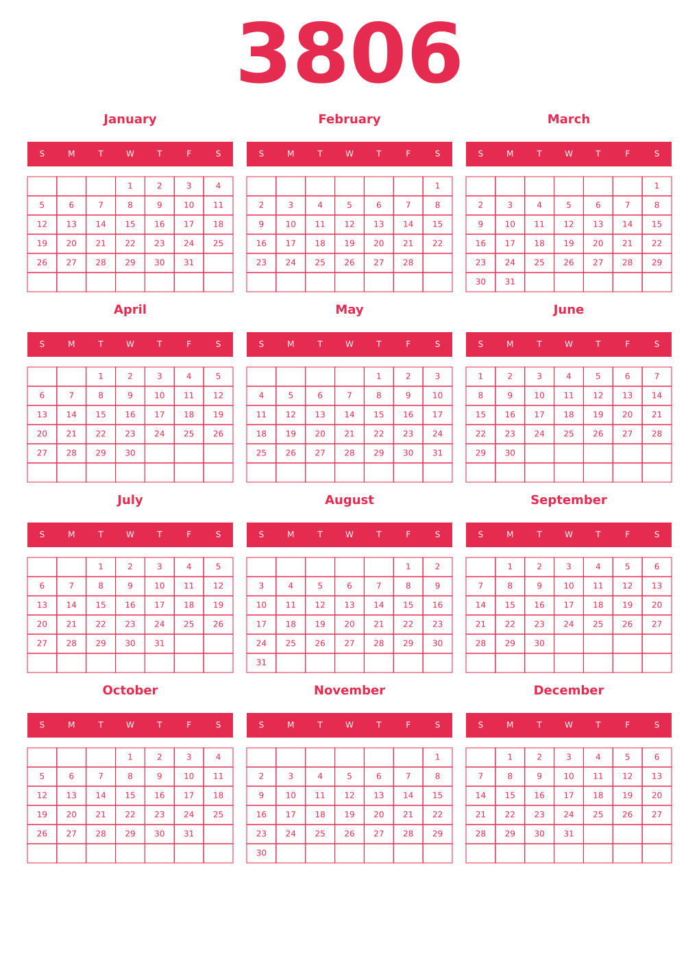 Printable 3806 Year Calendars amaranth