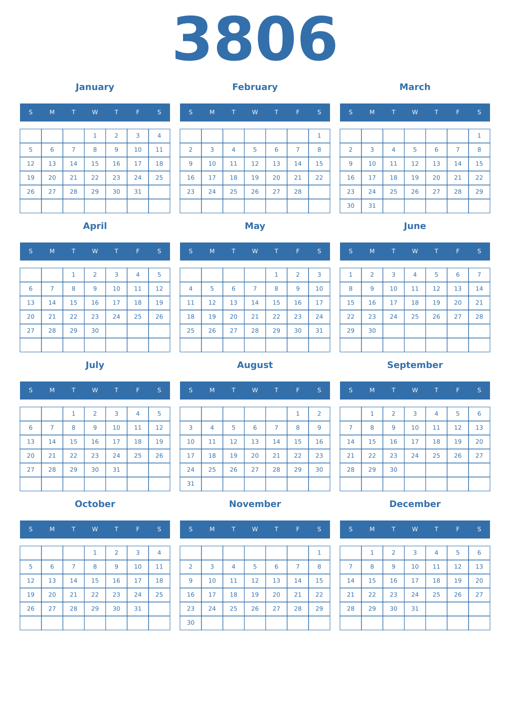 Printable 3806 Year Calendars blue