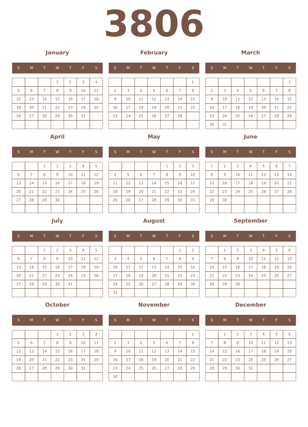 Printable 3806 Year Calendars coffe
