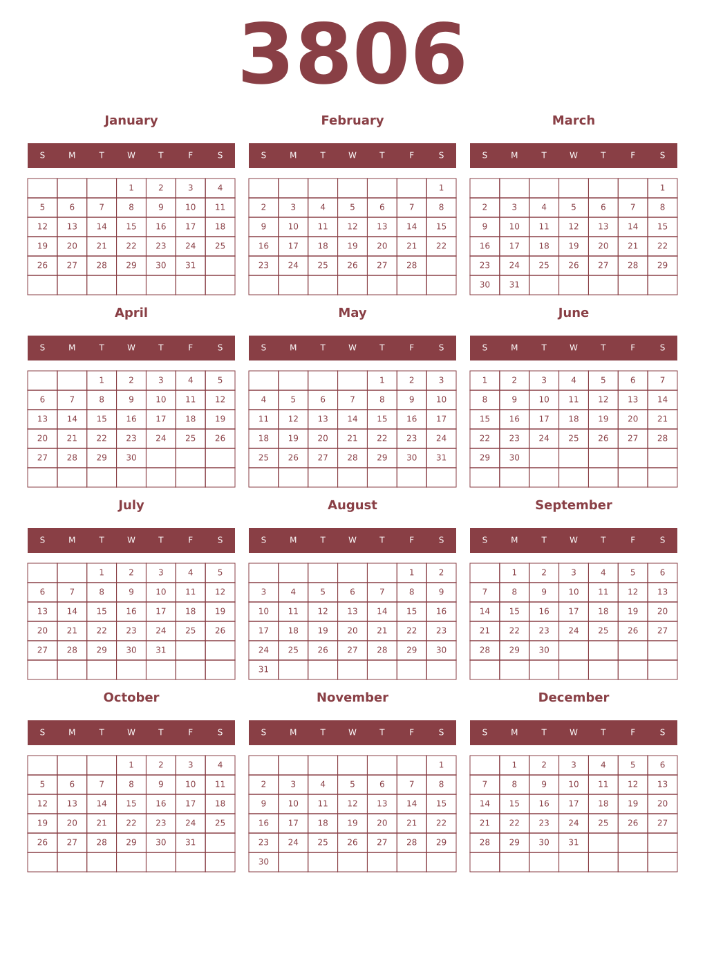 Printable 3806 Year Calendars cordovan
