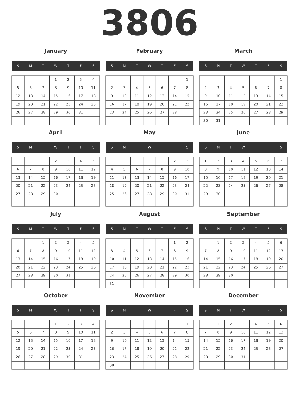 Printable 3806 Year Calendars dark