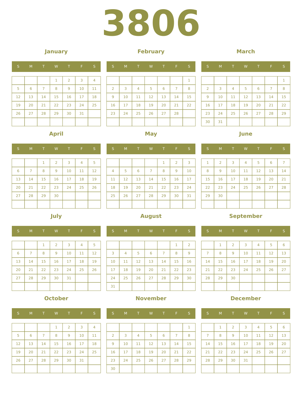 Printable 3806 Year Calendars eburnean