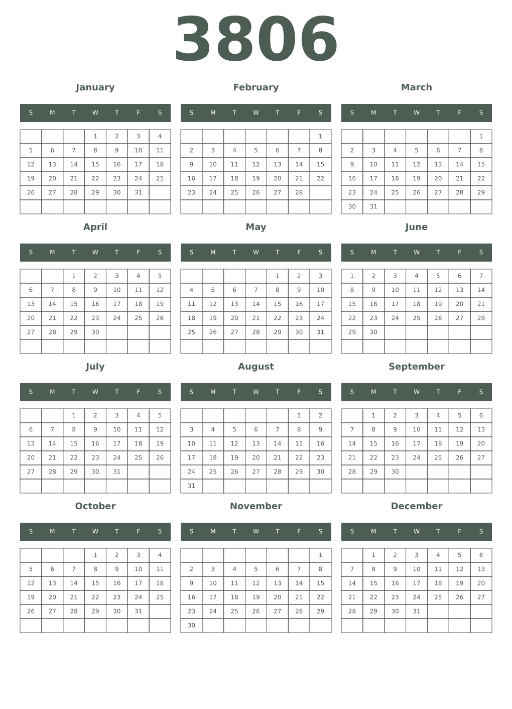 Printable 3806 Year Calendars feldgrau