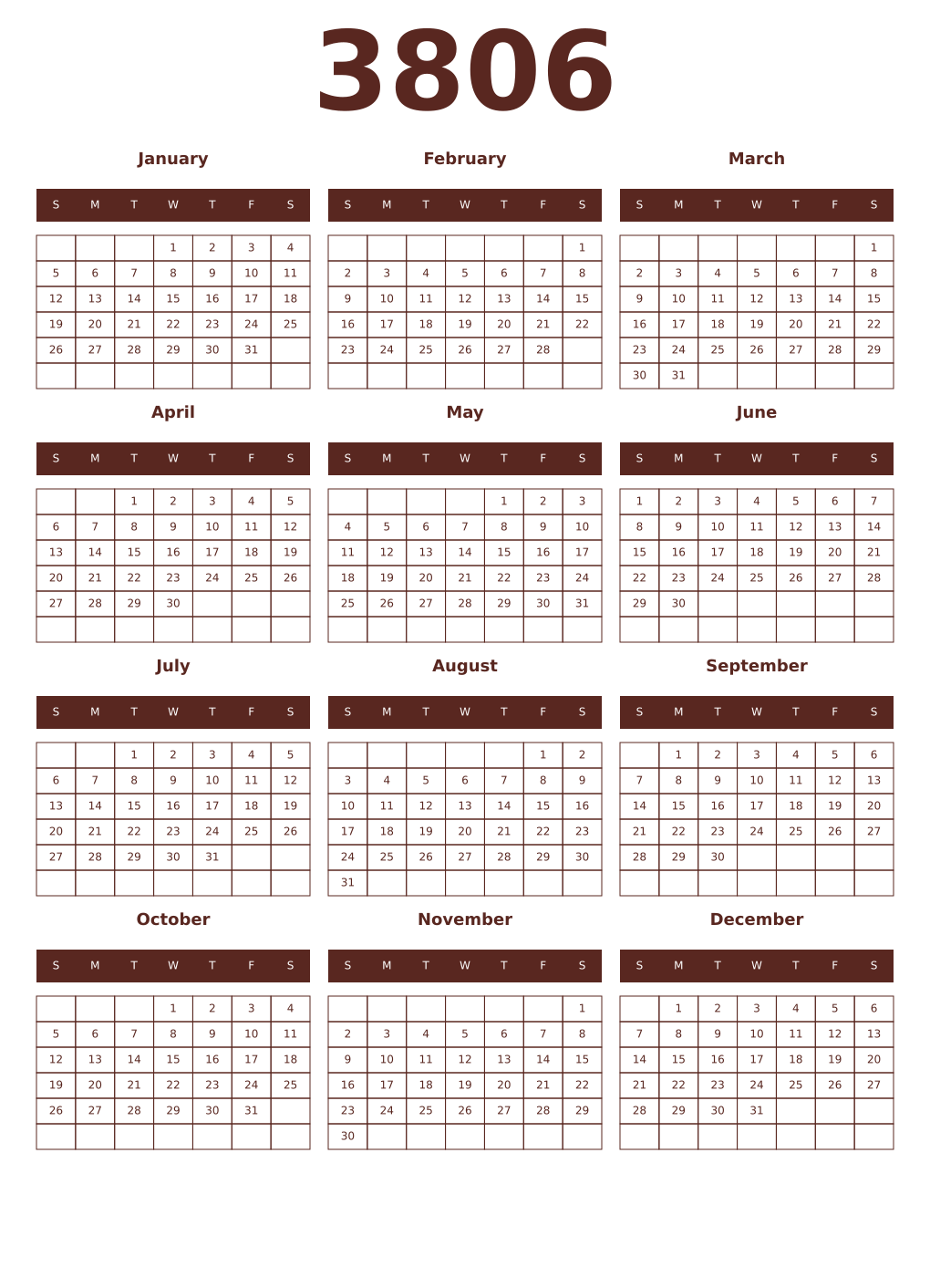 Printable 3806 Year Calendars mortuum