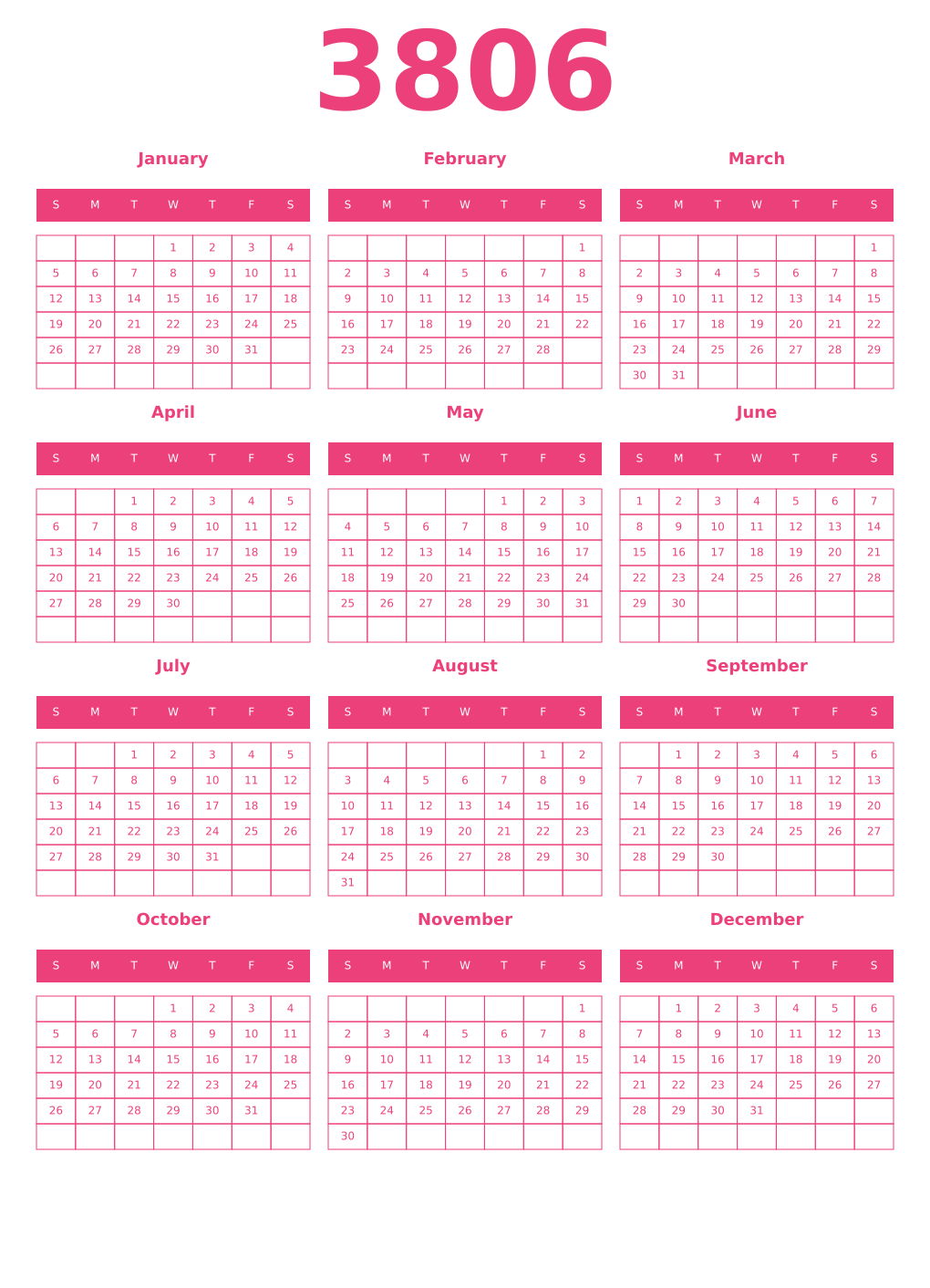 Printable 3806 Year Calendars pink