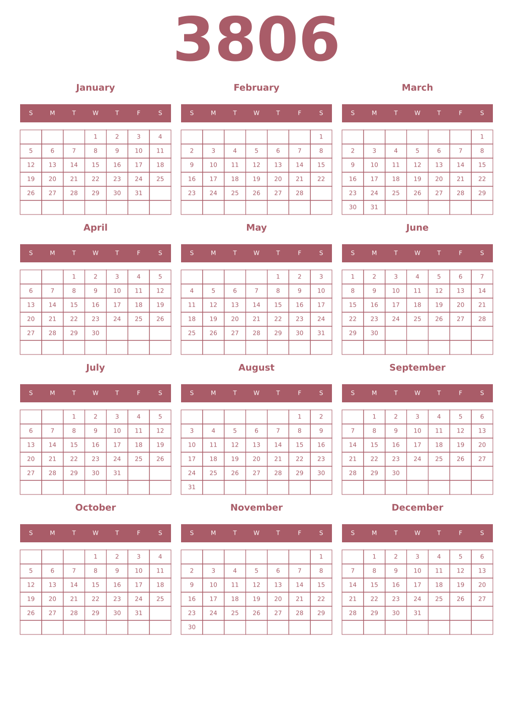 Printable 3806 Year Calendars puce