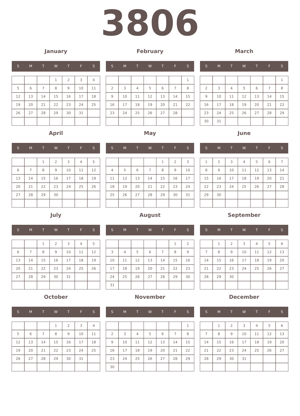 Printable 3806 Year Calendars wenge