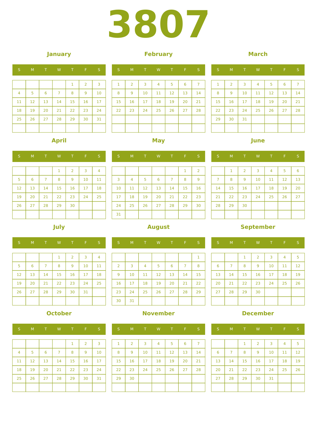 Printable 3807 Year Calendars chartreuse