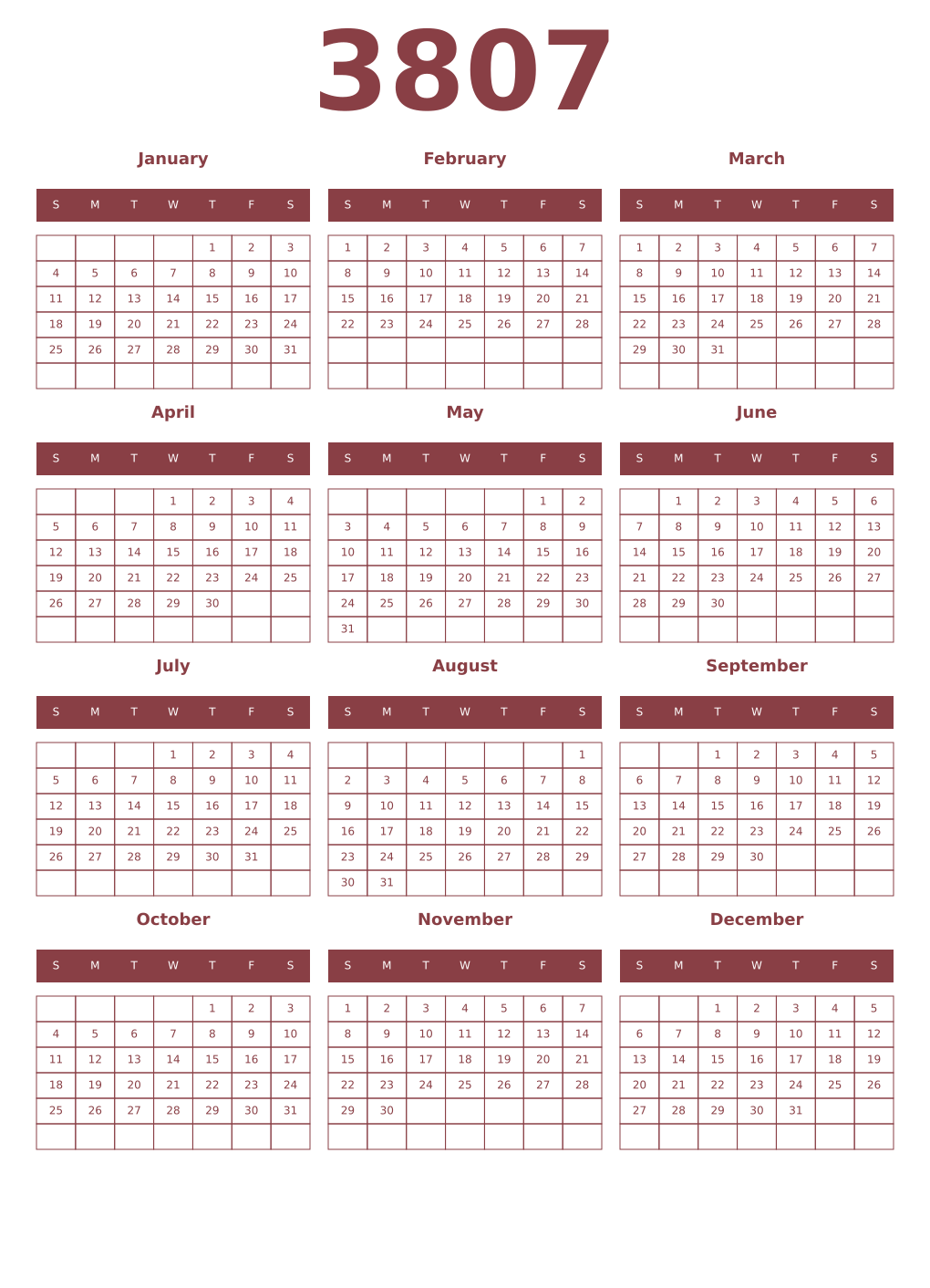 Printable 3807 Year Calendars cordovan