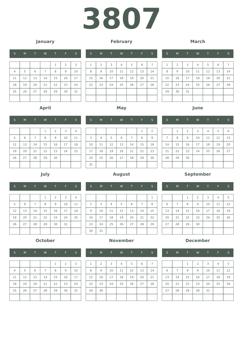 Printable 3807 Year Calendars feldgrau