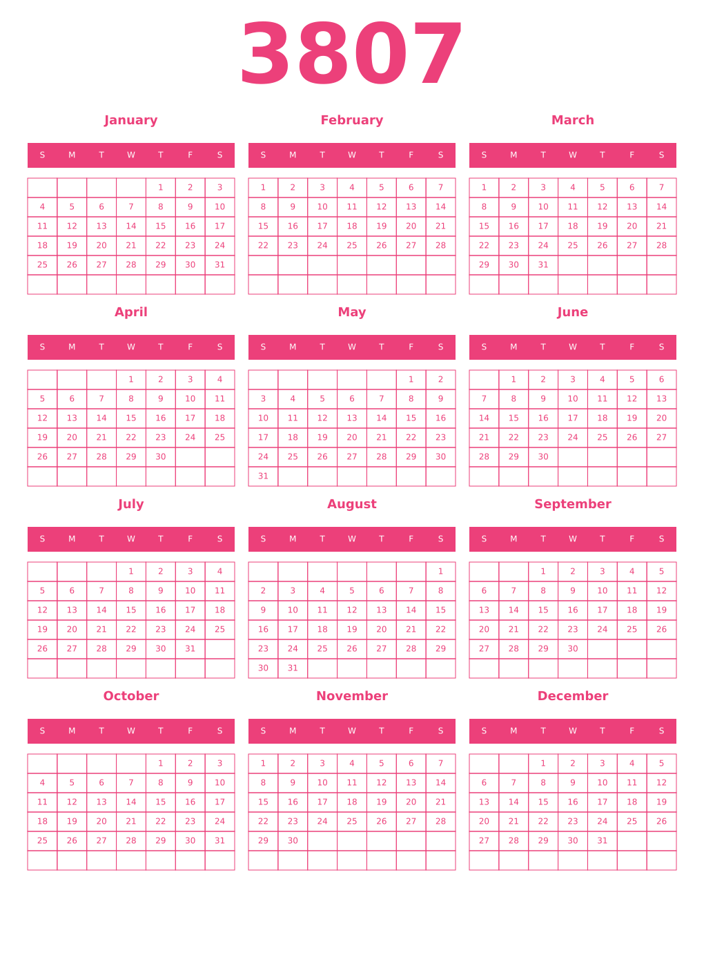 Printable 3807 Year Calendars pink