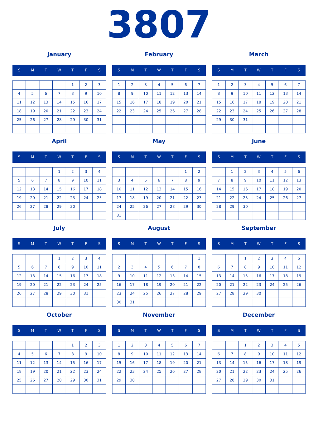 Printable 3807 Year Calendars smalt