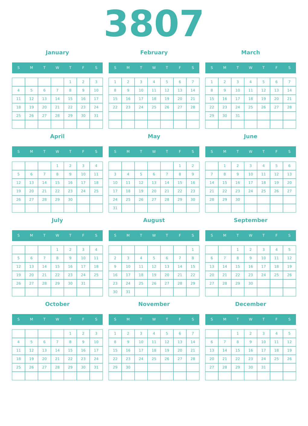 Printable 3807 Year Calendars verdigris