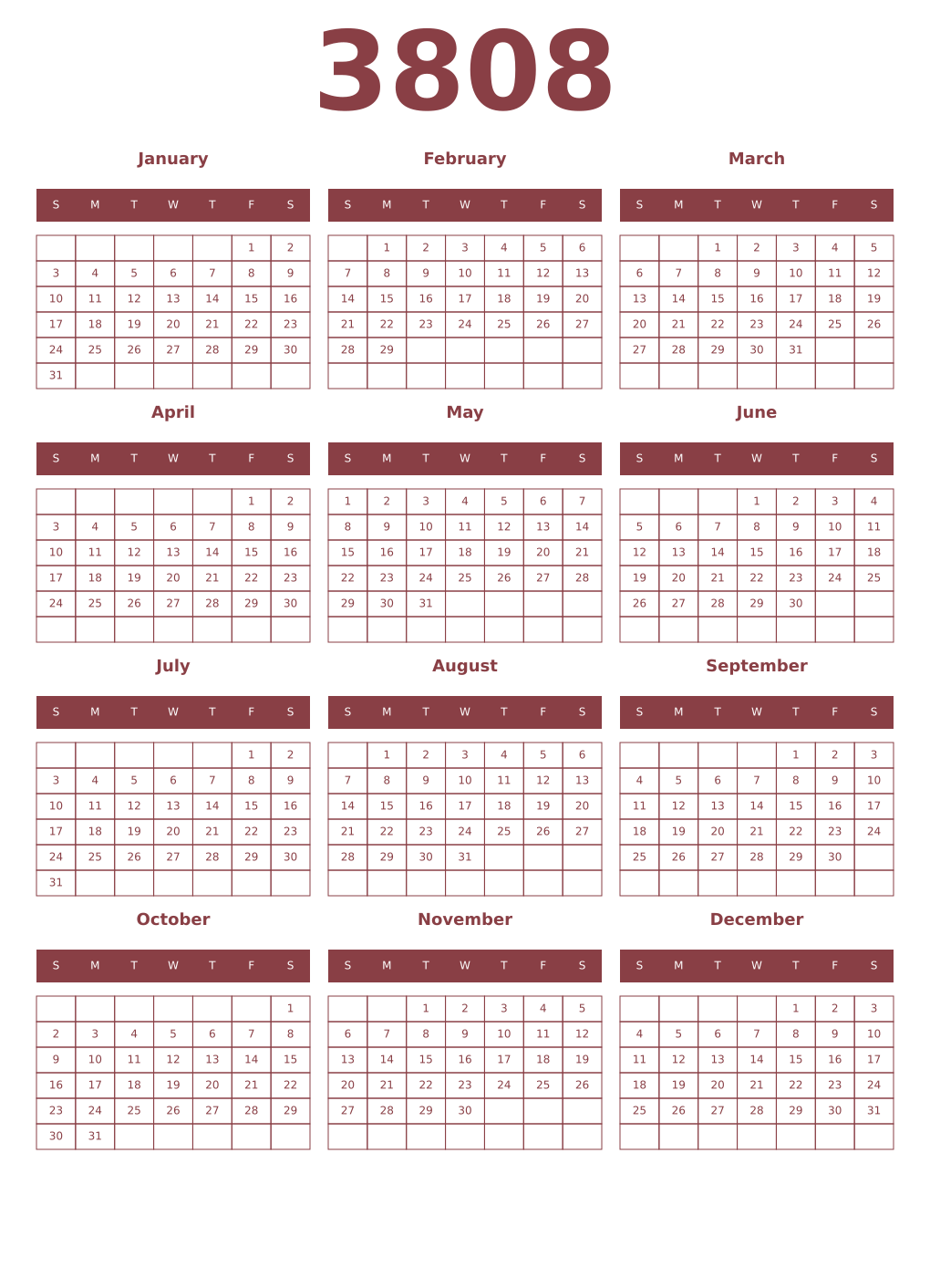Printable 3808 Year Calendars cordovan