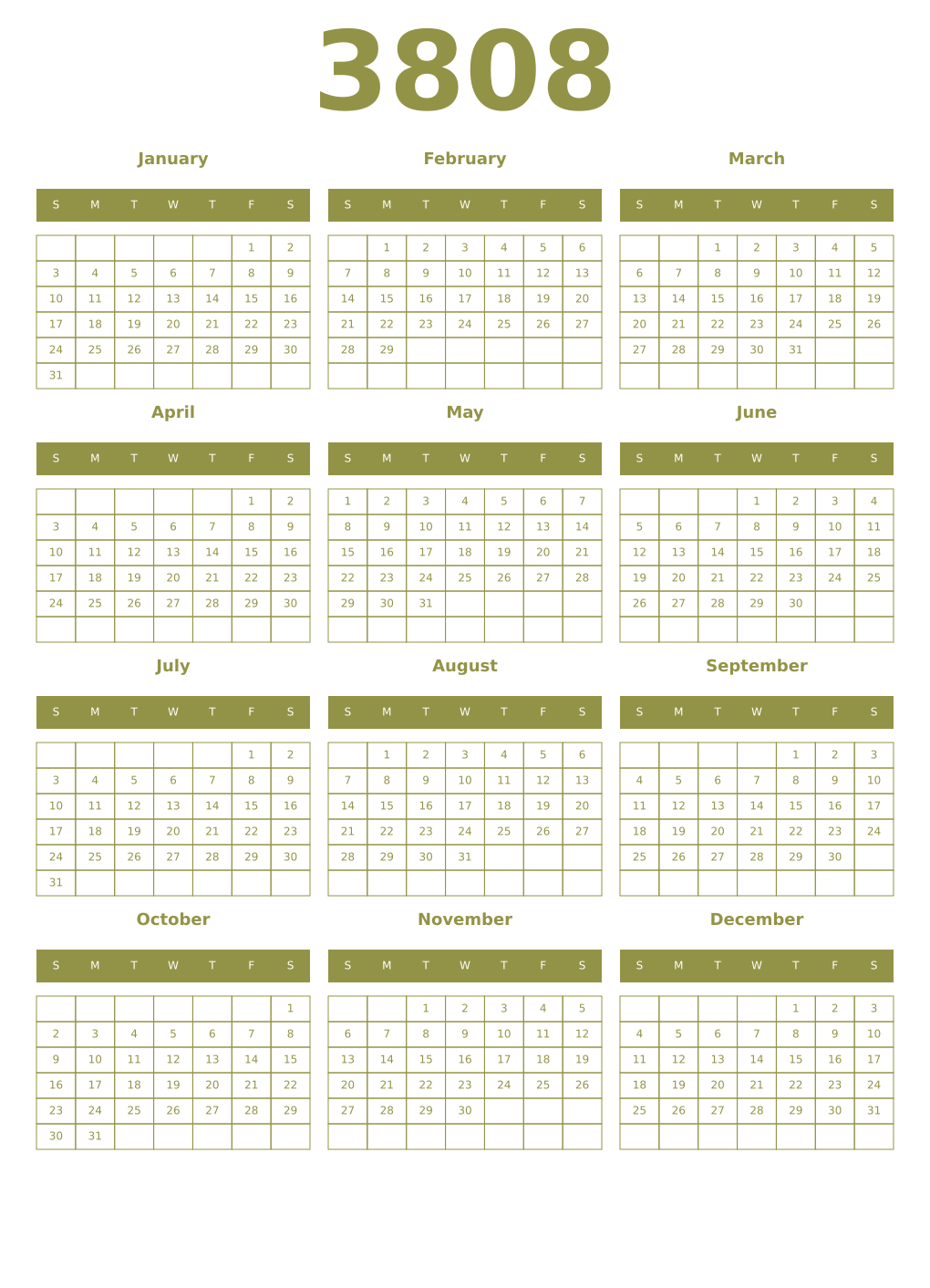Printable 3808 Year Calendars eburnean