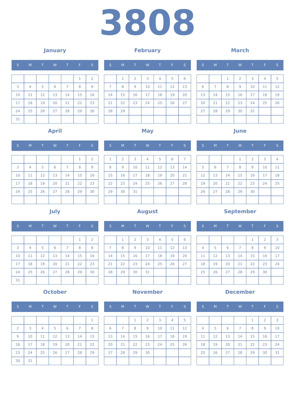 Printable 3808 Year Calendars glaucous