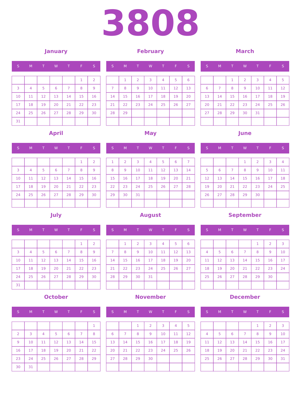 Printable 3808 Year Calendars purple