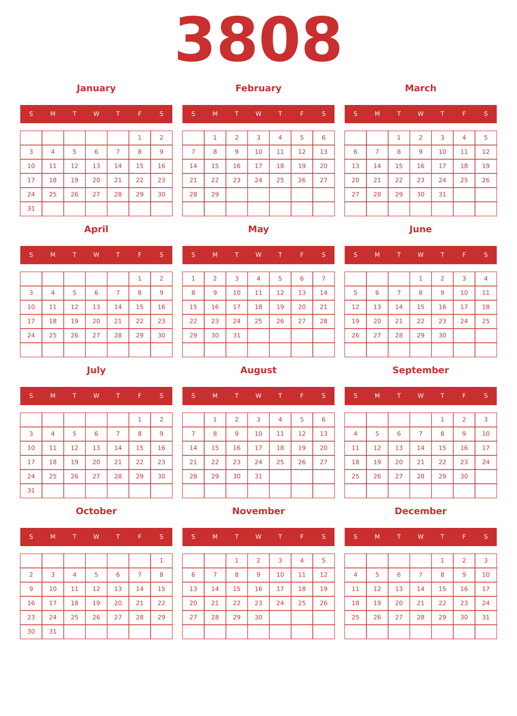 Printable 3808 Year Calendars red