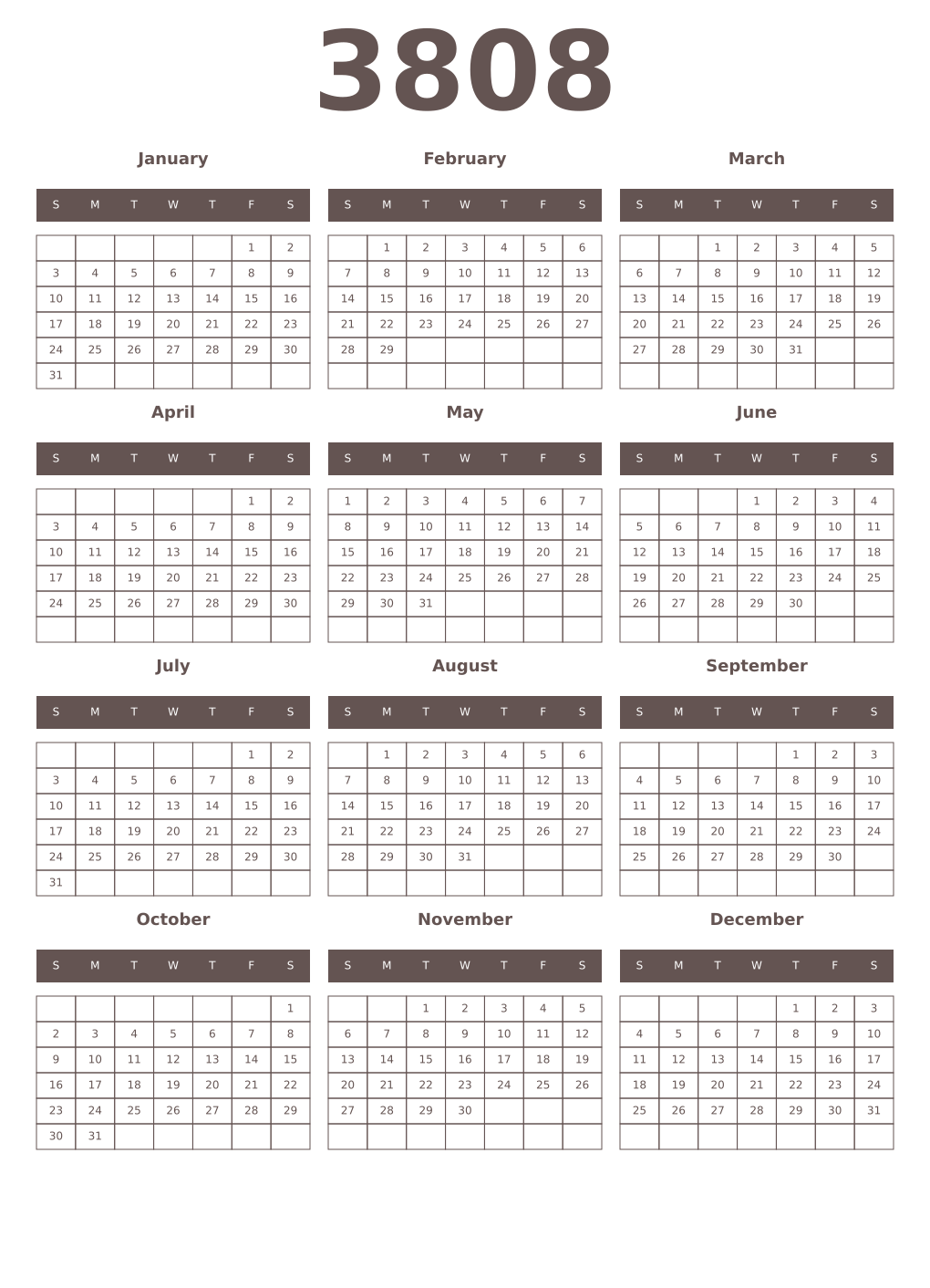 Printable 3808 Year Calendars wenge