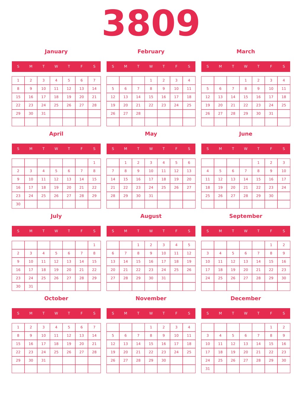Printable 3809 Year Calendars amaranth