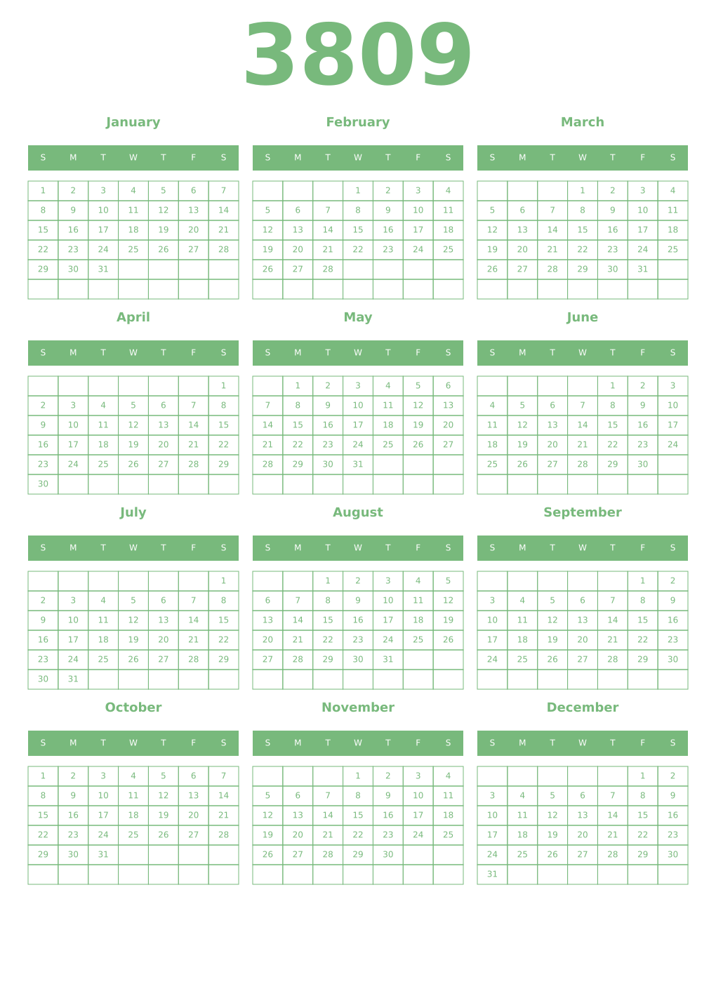 Printable 3809 Year Calendars celadon