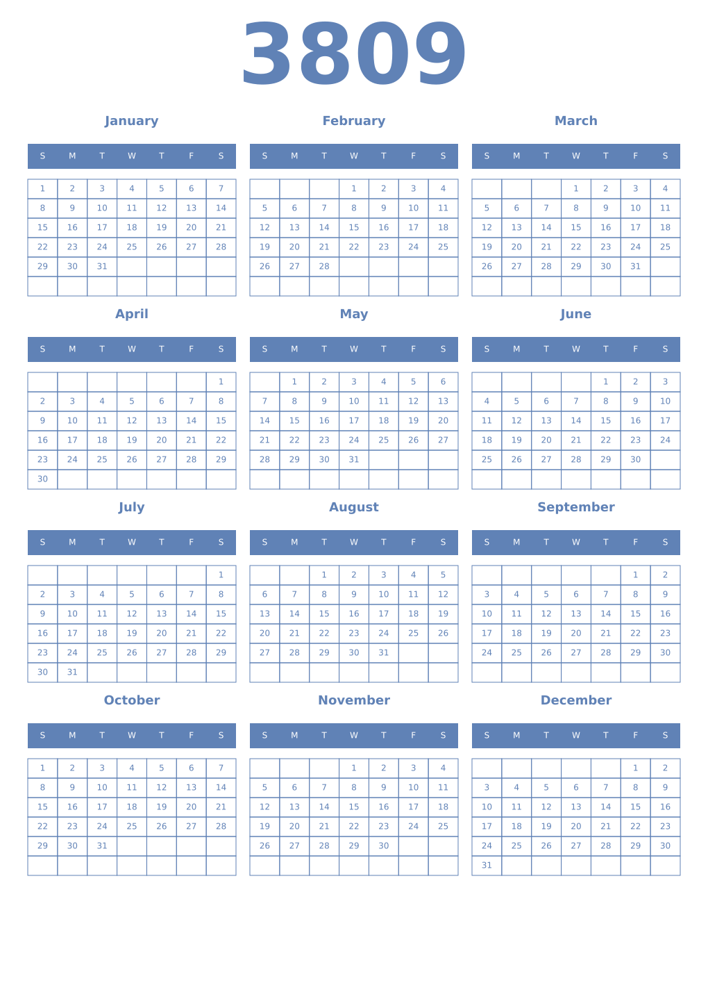 Printable 3809 Year Calendars glaucous
